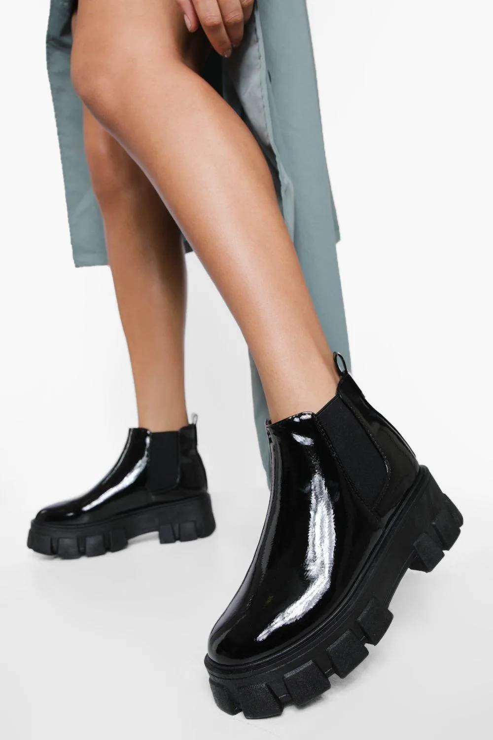 Chunky Cleated Sole Patent Chelsea Boots