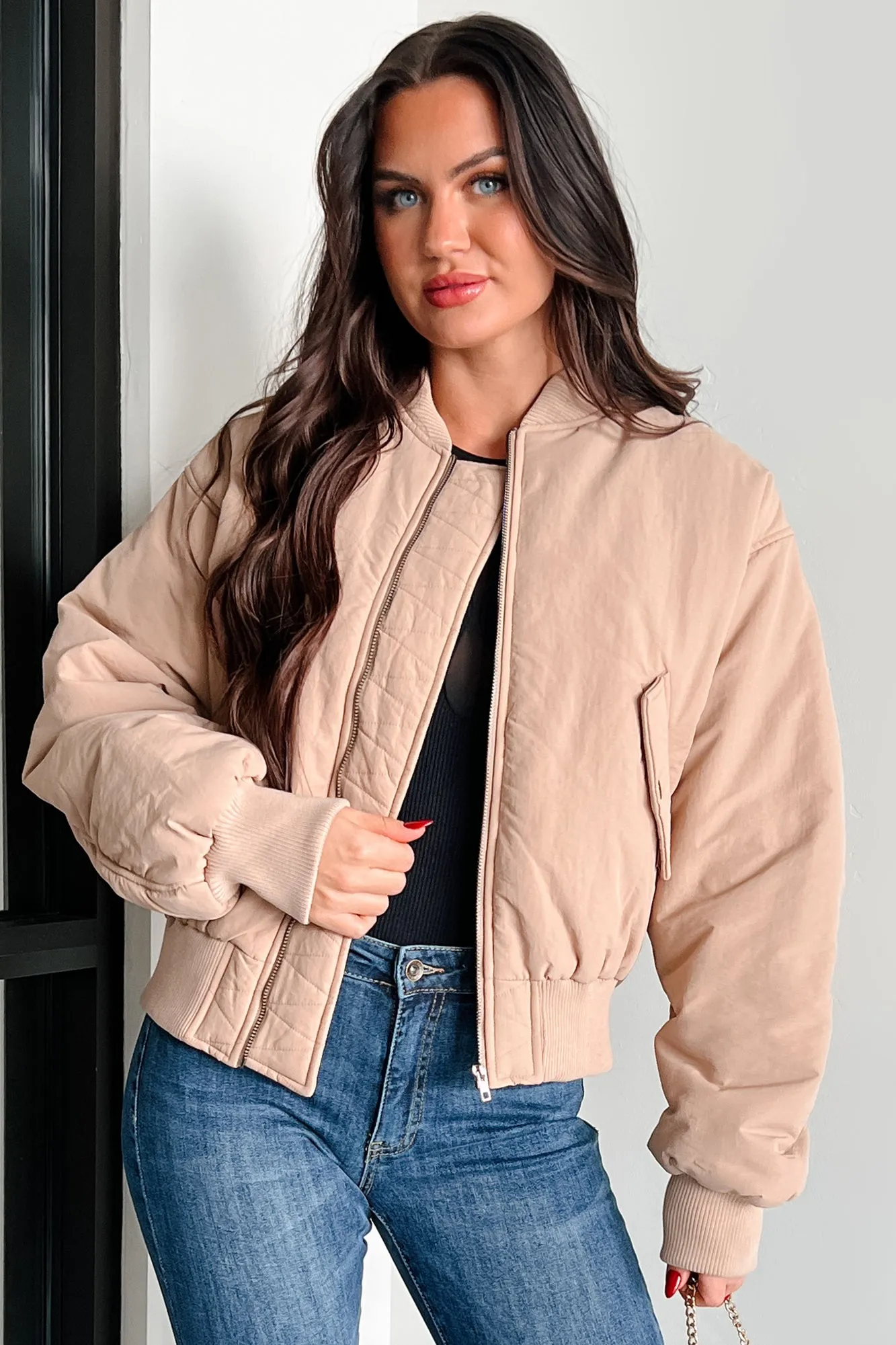 Cool Girl Energy Oversized Bomber Jacket (Beige)