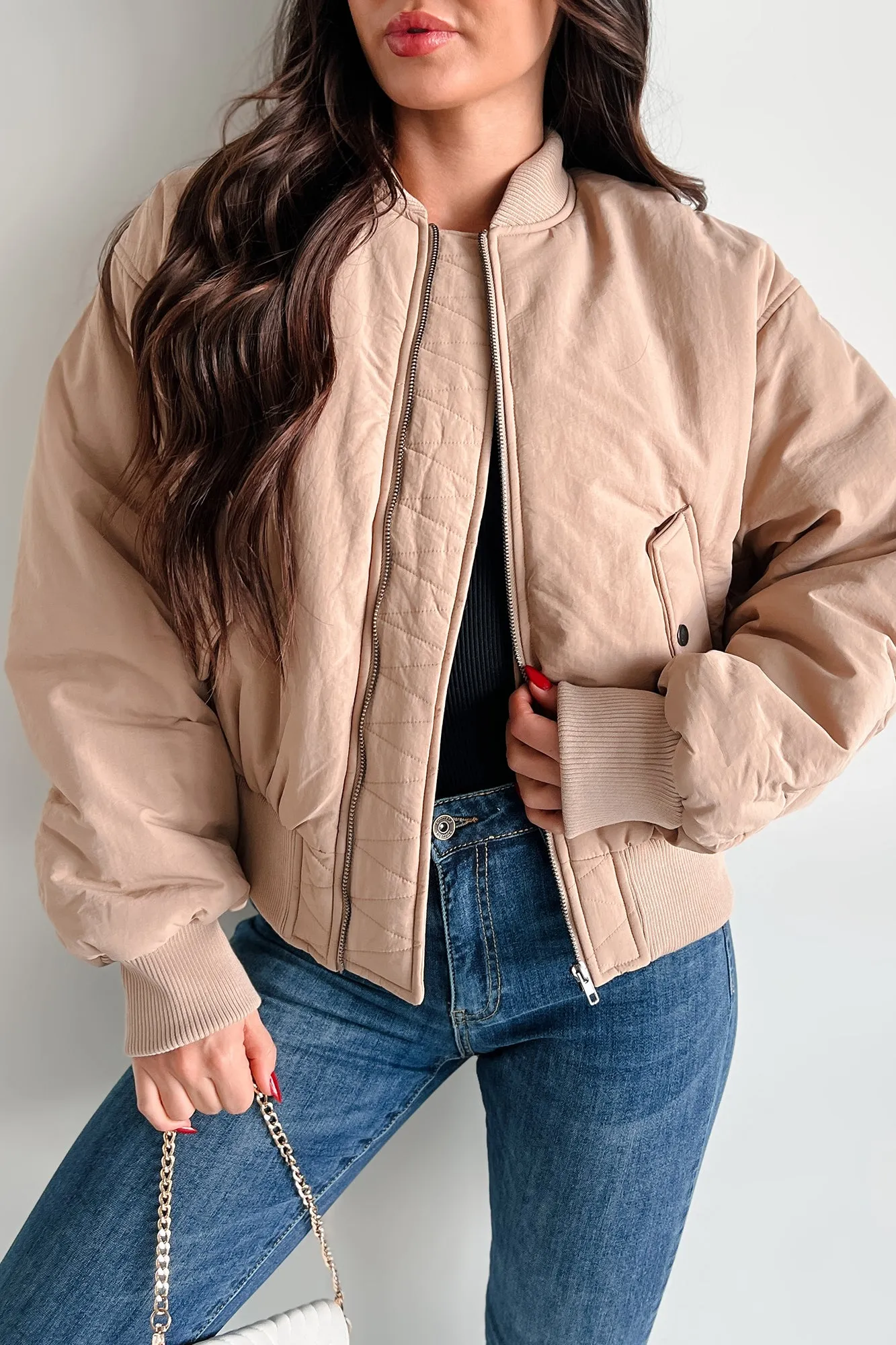 Cool Girl Energy Oversized Bomber Jacket (Beige)