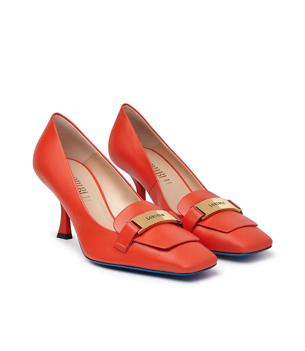 Coral Red Nappa Leather Pumps with Logo-Plaque