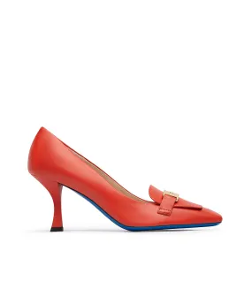 Coral Red Nappa Leather Pumps with Logo-Plaque