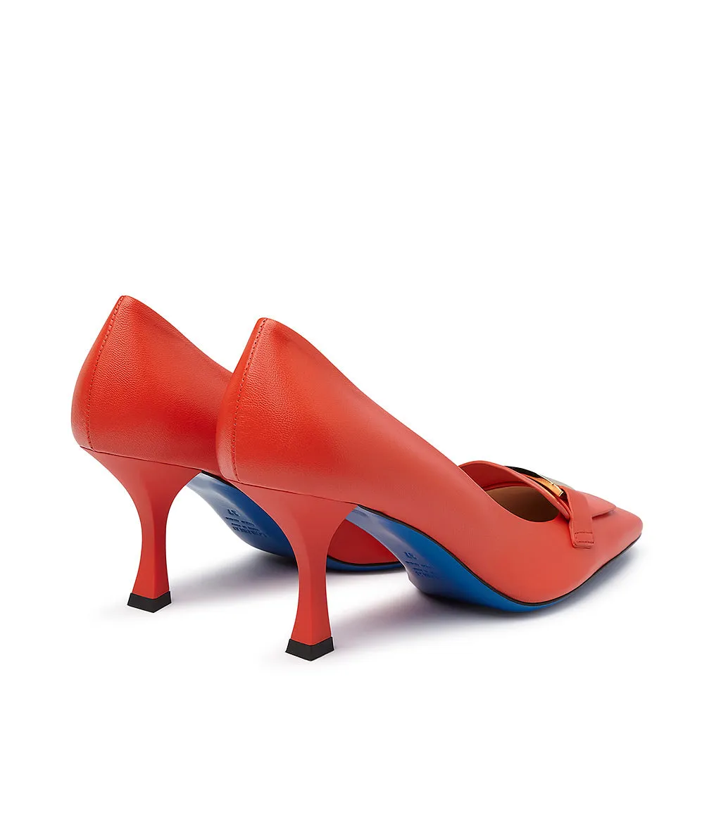 Coral Red Nappa Leather Pumps with Logo-Plaque