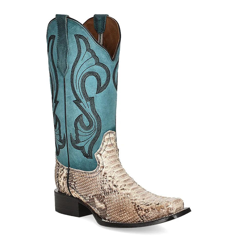 Corral Circle G Women's 12 Natural Python & Turquoise Embroidered Square Toe Western Boot