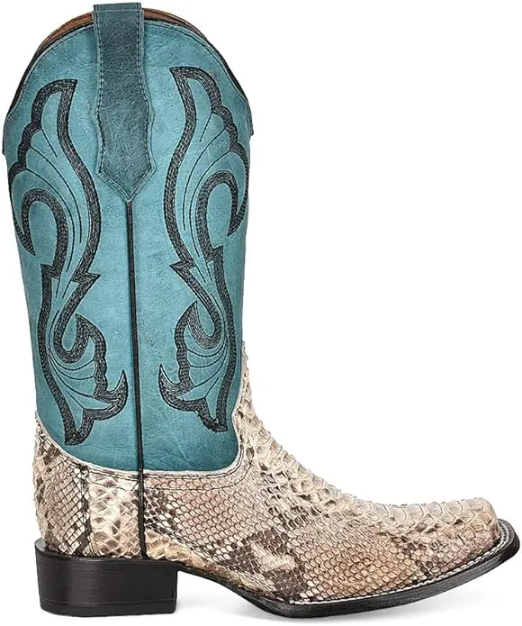 Corral Circle G Women's 12 Natural Python & Turquoise Embroidered Square Toe Western Boot