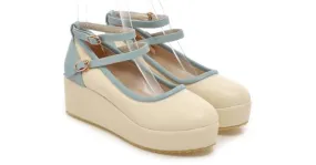 Cream Blue Ankle Straps Ballets Loafers