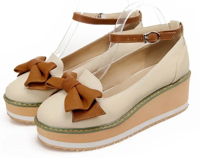 Cream Brown Bow Ballets Wedges Loafers