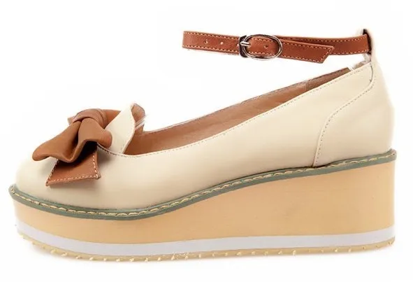 Cream Brown Bow Ballets Wedges Loafers