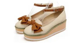 Cream Brown Bow Ballets Wedges Loafers