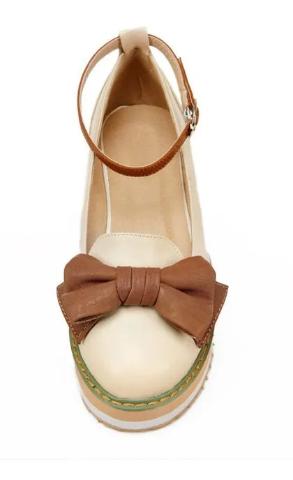 Cream Brown Bow Ballets Wedges Loafers