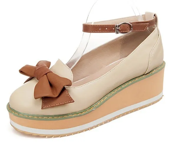 Cream Brown Bow Ballets Wedges Loafers