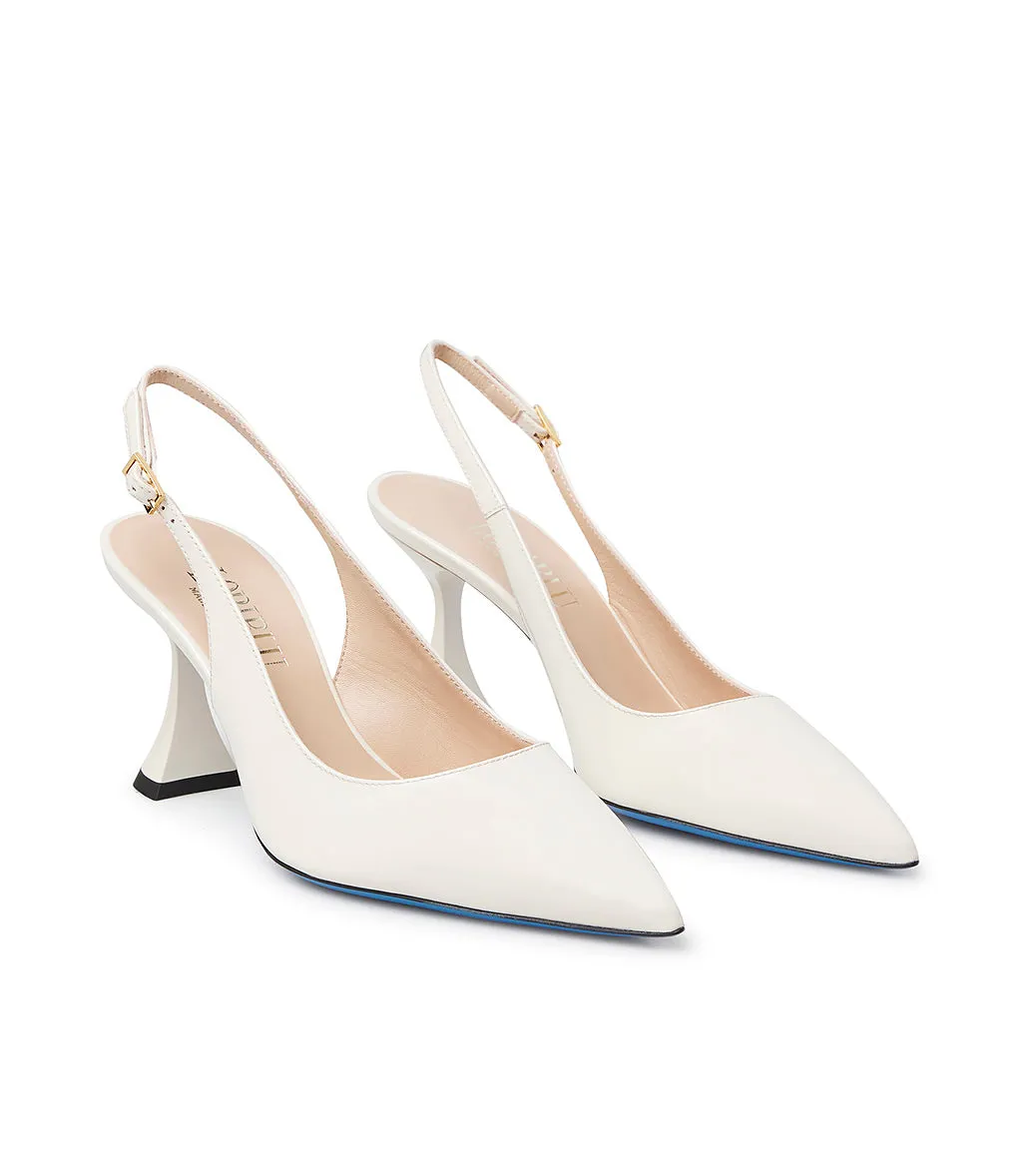 Cream patent leather slingback heels.