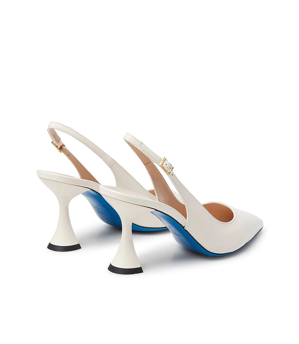 Cream patent leather slingback heels.