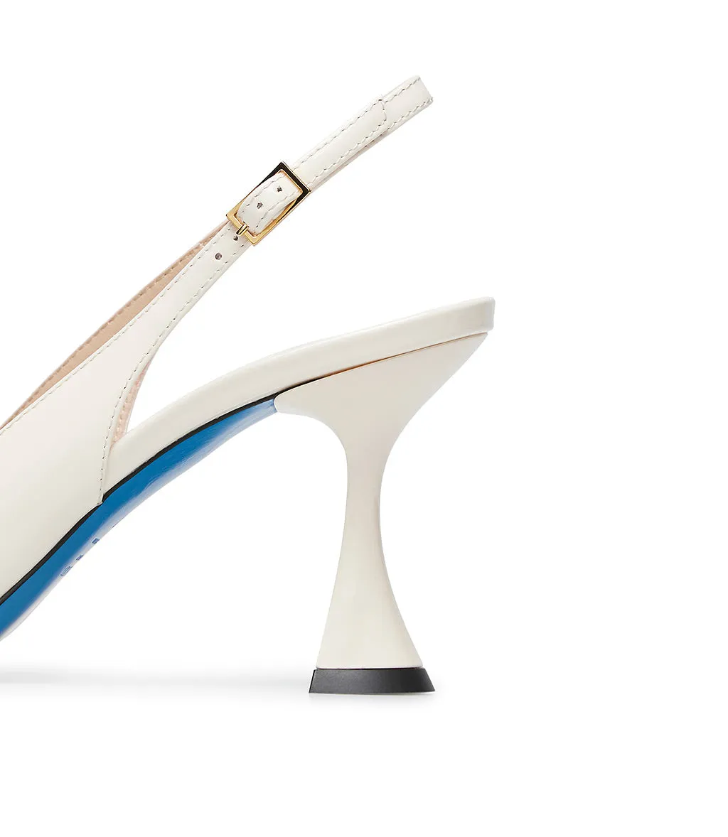 Cream patent leather slingback heels.