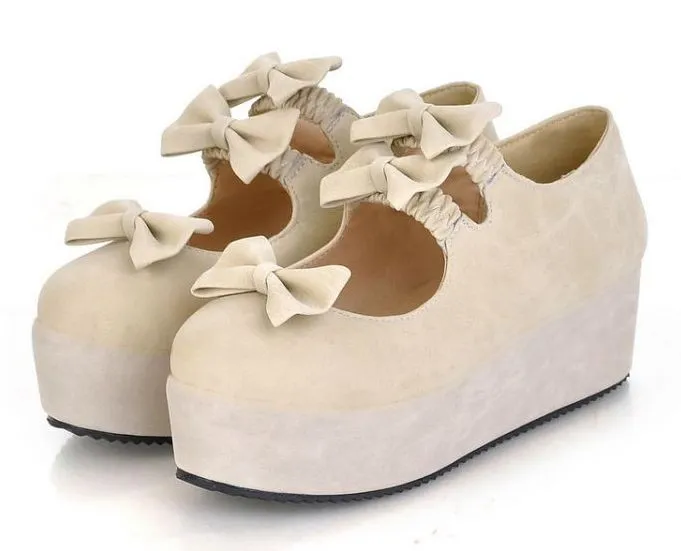 Cream Suede Triple Bows Mary Jane Lolita Platform Creepers