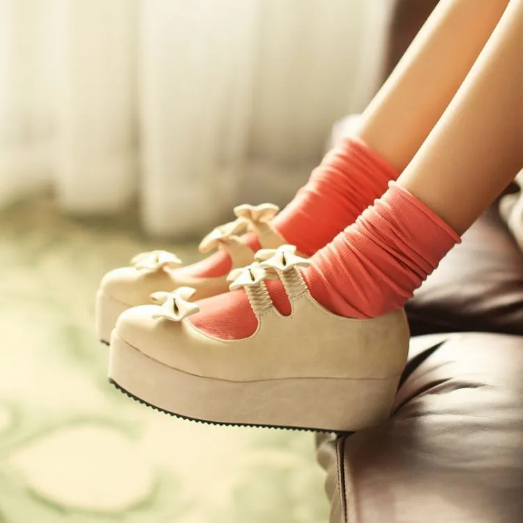 Cream Suede Triple Bows Mary Jane Lolita Platform Creepers