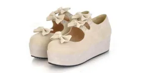 Cream Suede Triple Bows Mary Jane Lolita Platform Creepers