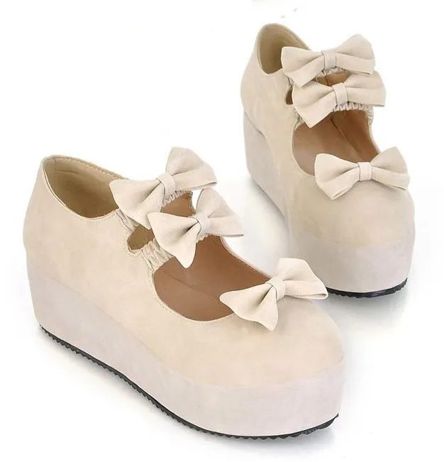 Cream Suede Triple Bows Mary Jane Lolita Platform Creepers