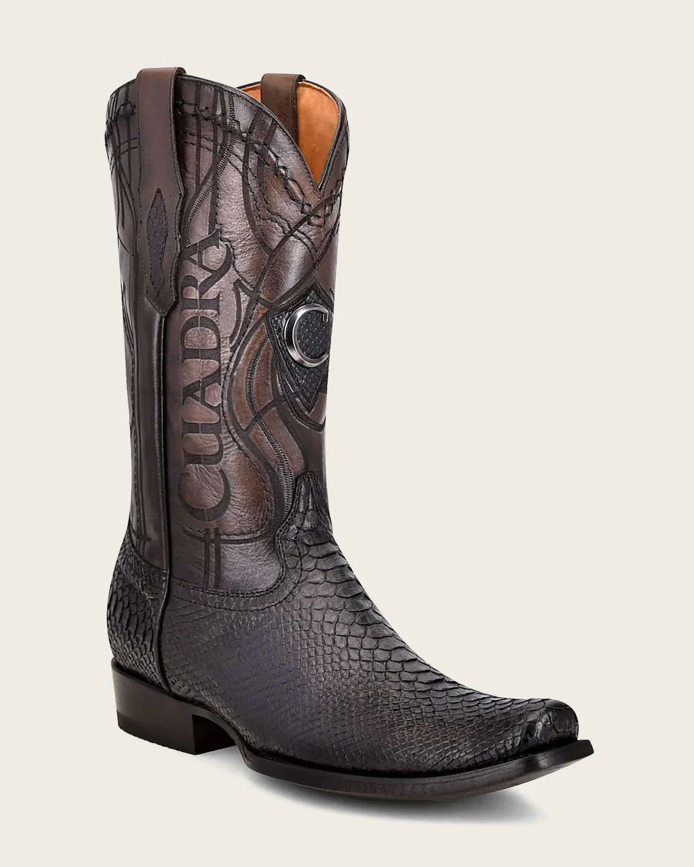 Cuadra: Men Plunge Black Phython & Embroidery Narrow Square Toe