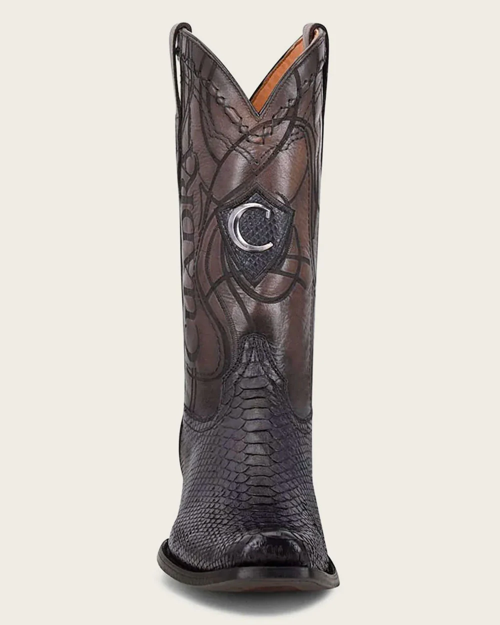 Cuadra: Men Plunge Black Phython & Embroidery Narrow Square Toe