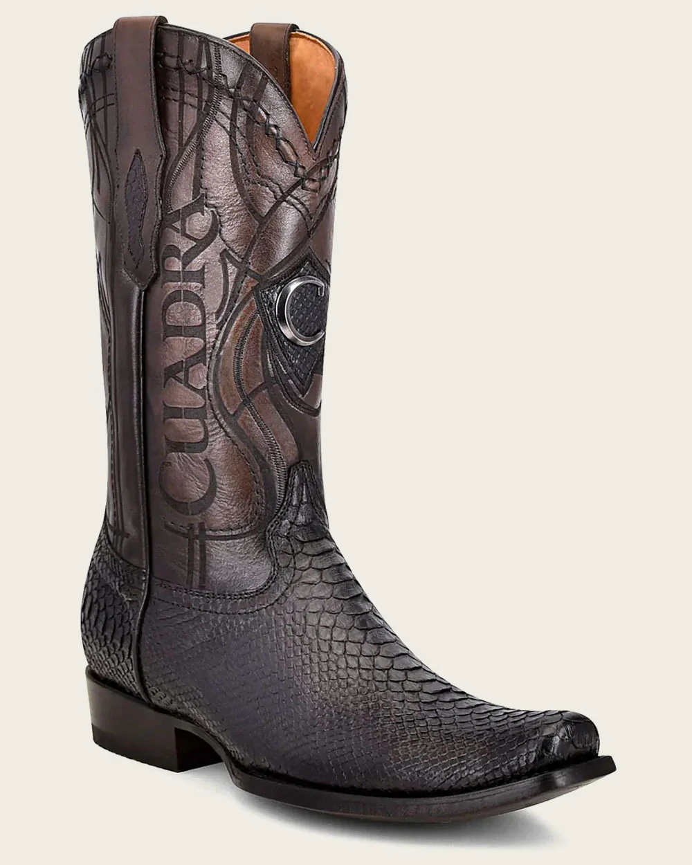 Cuadra: Men Plunge Black Phython & Embroidery Narrow Square Toe