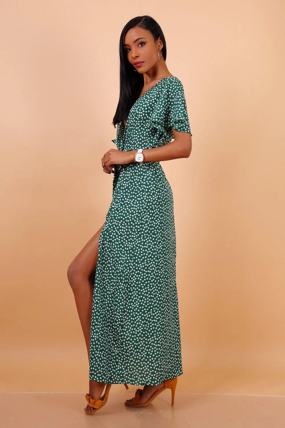 Daisy Dot Maxi Dress with Wrap Front and Split Leg by Lilura London