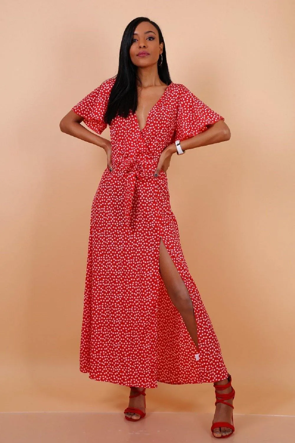 Daisy Dot Maxi Dress with Wrap Front and Split Leg by Lilura London