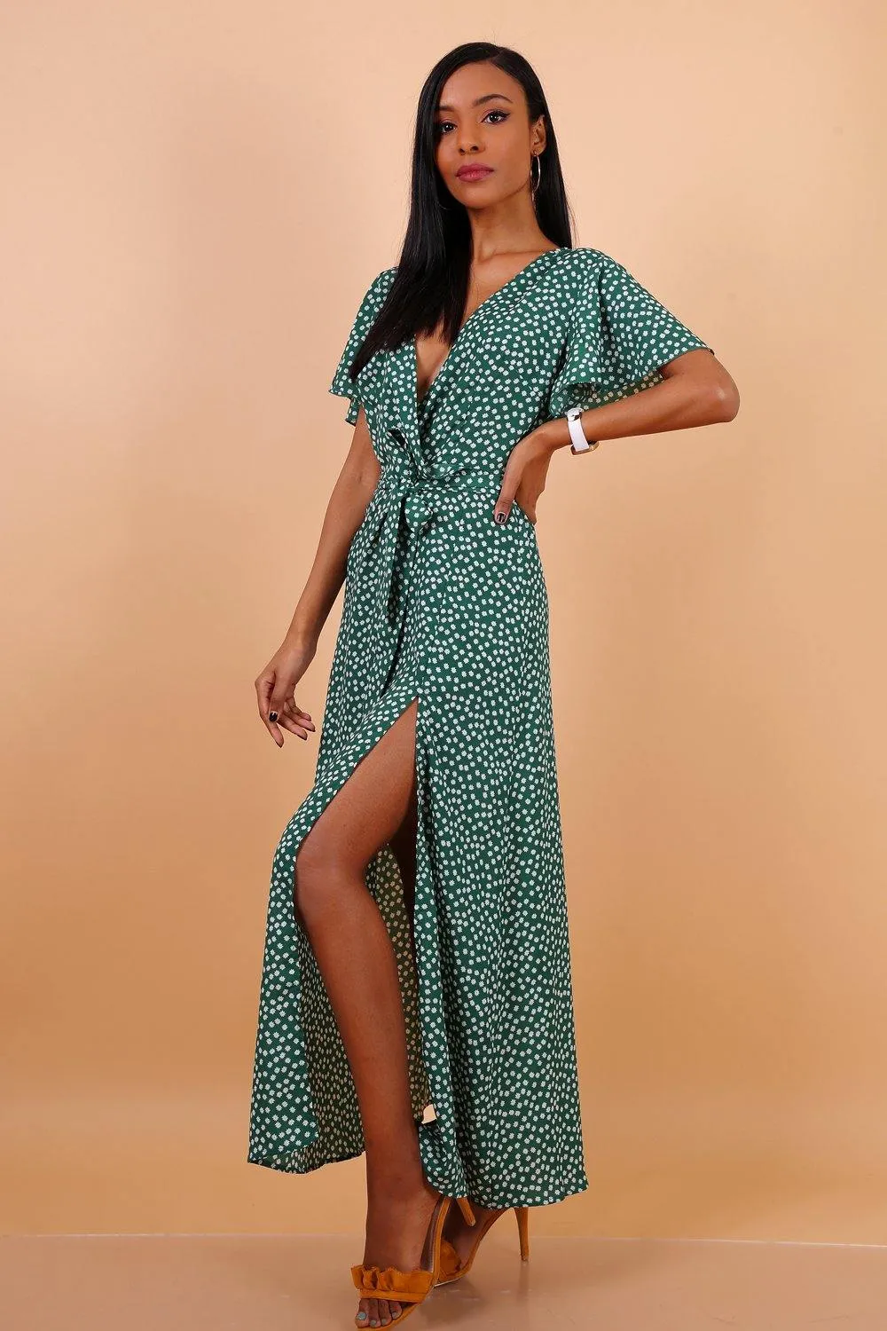 Daisy Dot Maxi Dress with Wrap Front and Split Leg by Lilura London