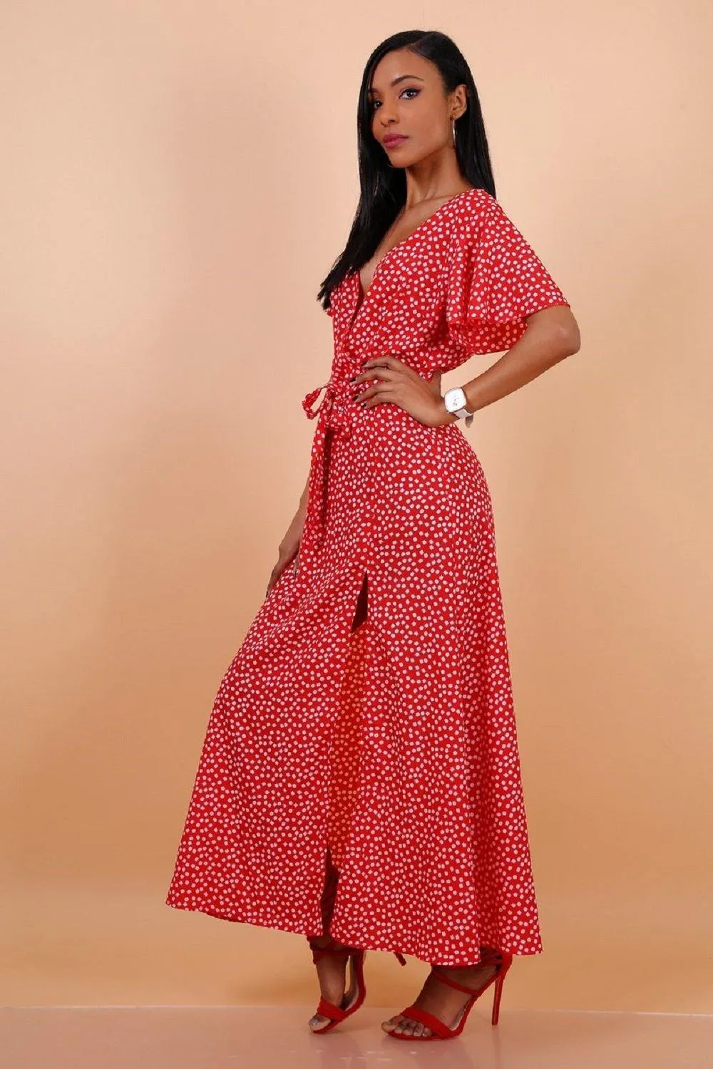 Daisy Dot Maxi Dress with Wrap Front and Split Leg by Lilura London