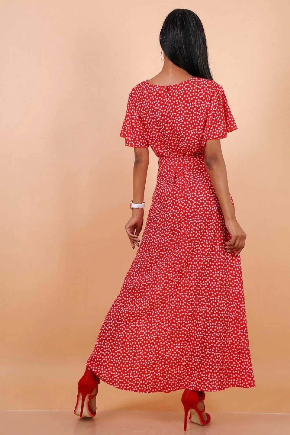 Daisy Dot Maxi Dress with Wrap Front and Split Leg by Lilura London