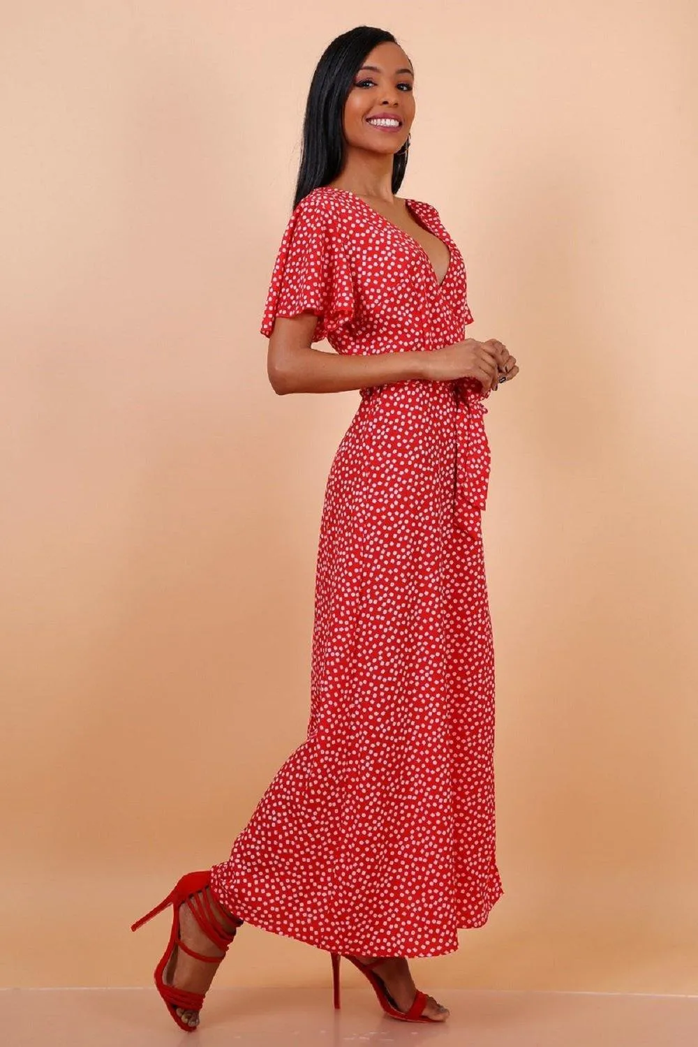 Daisy Dot Maxi Dress with Wrap Front and Split Leg by Lilura London