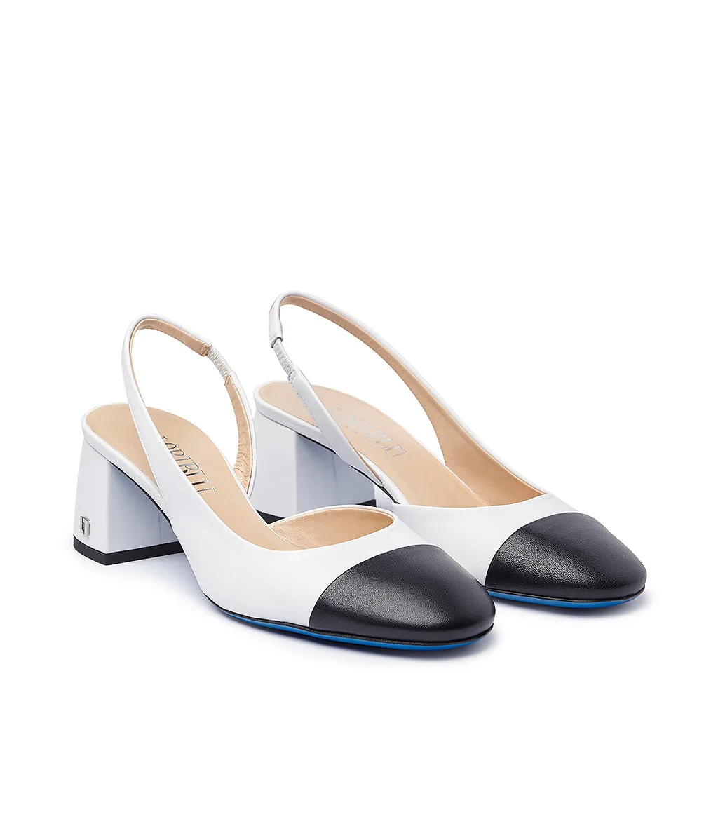 Dark blue and white nappa leather slingback pumps