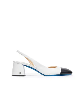 Dark blue and white nappa leather slingback pumps