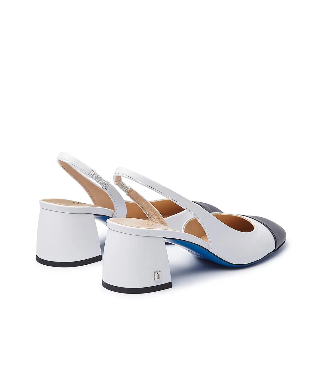 Dark blue and white nappa leather slingback pumps