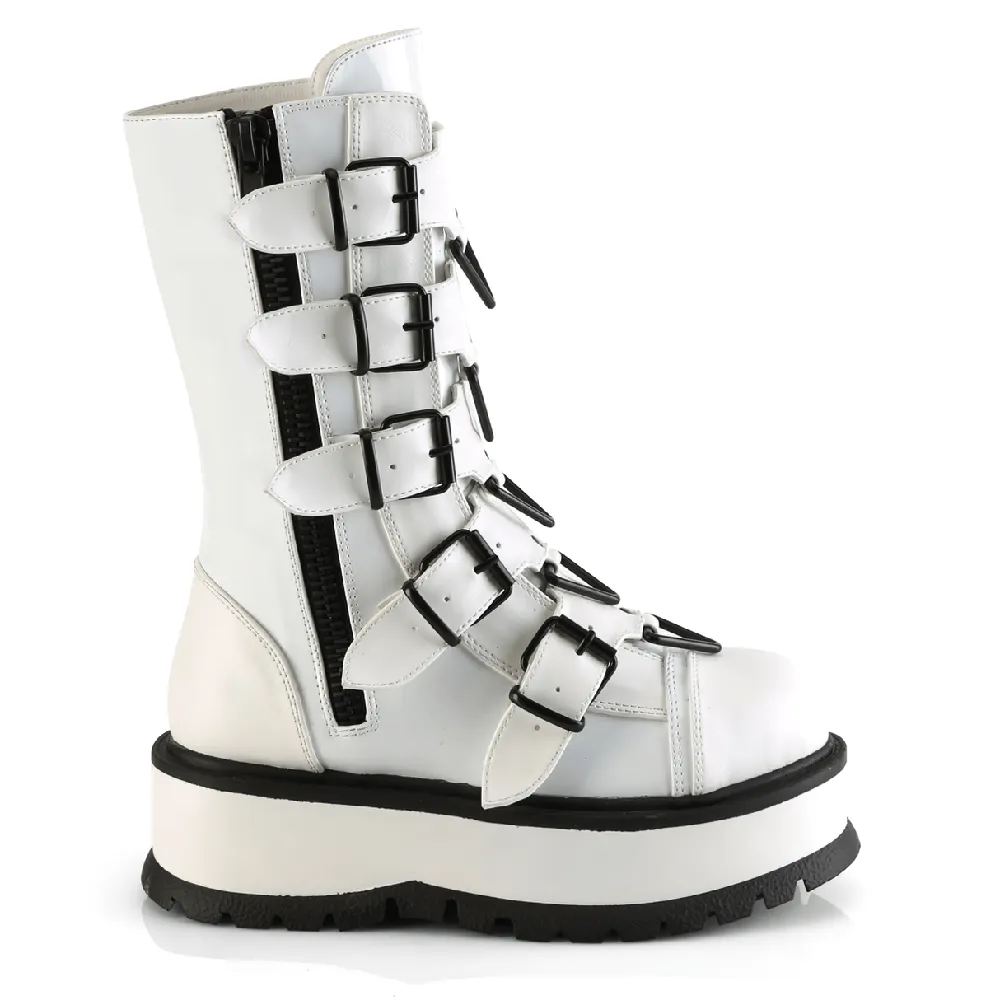 Mid-Calf White Buckle Platform Boots Women