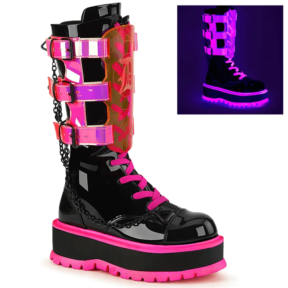 Neon Pink Platform Boots Clear Straps