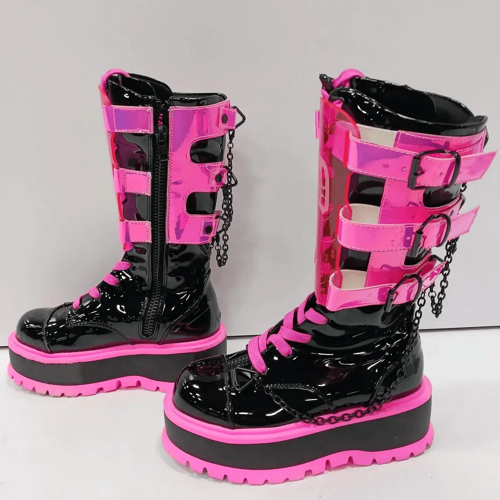 Neon Pink Platform Boots Clear Straps