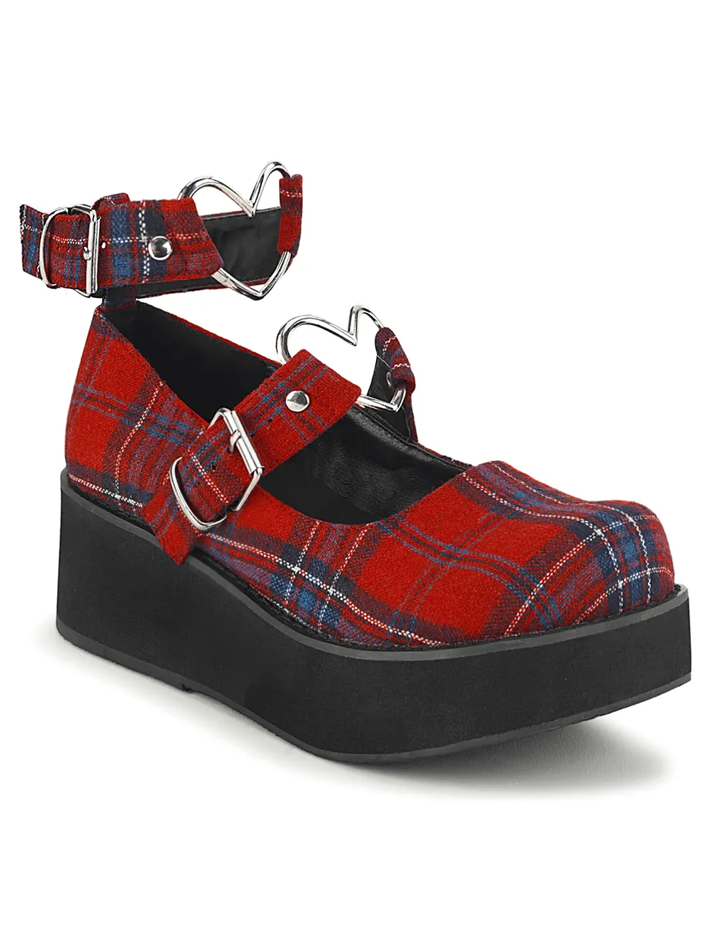 Red Plaid Platform Shoes Heart Buckles