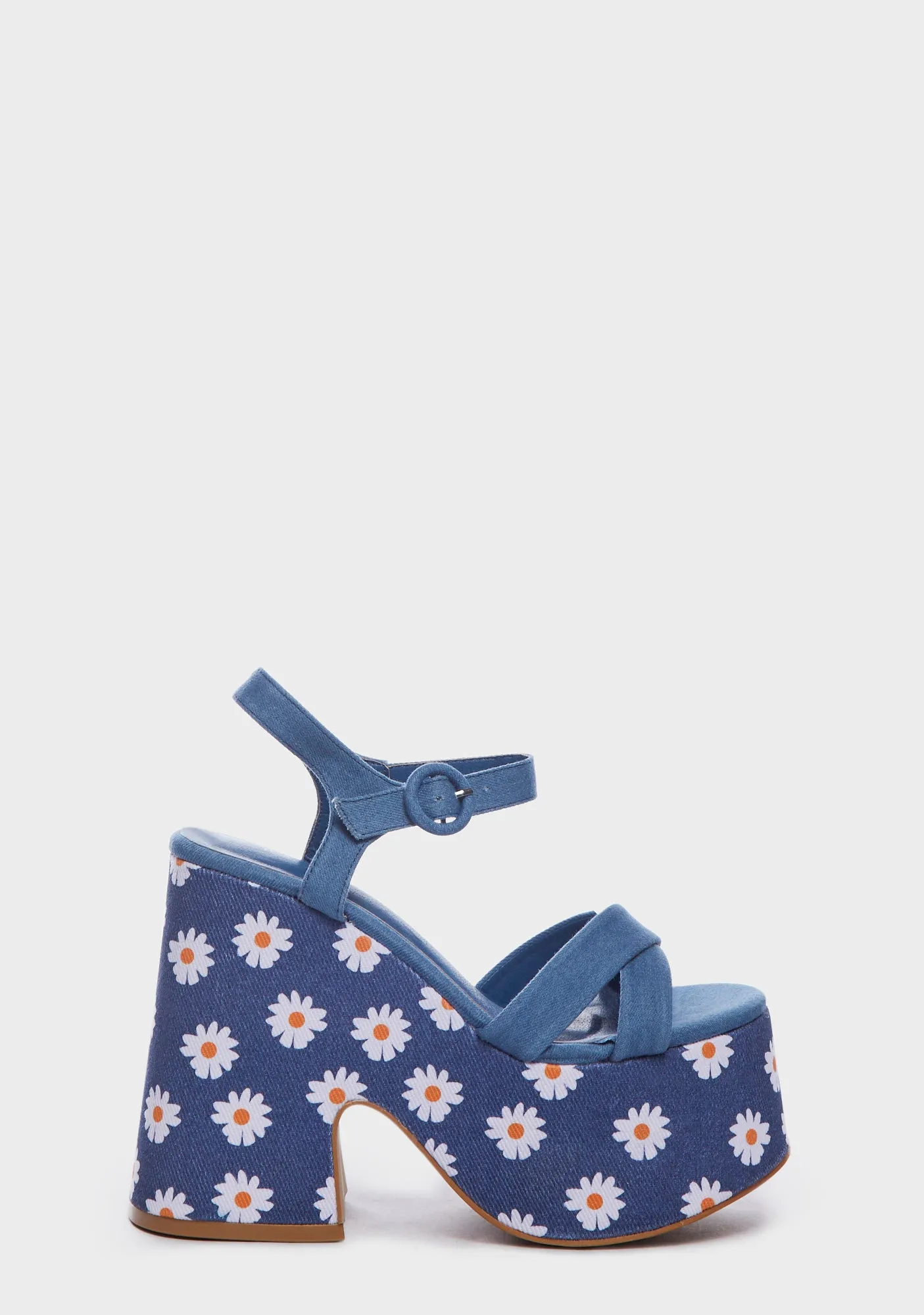 Denim Platform Mules with Daisy Design