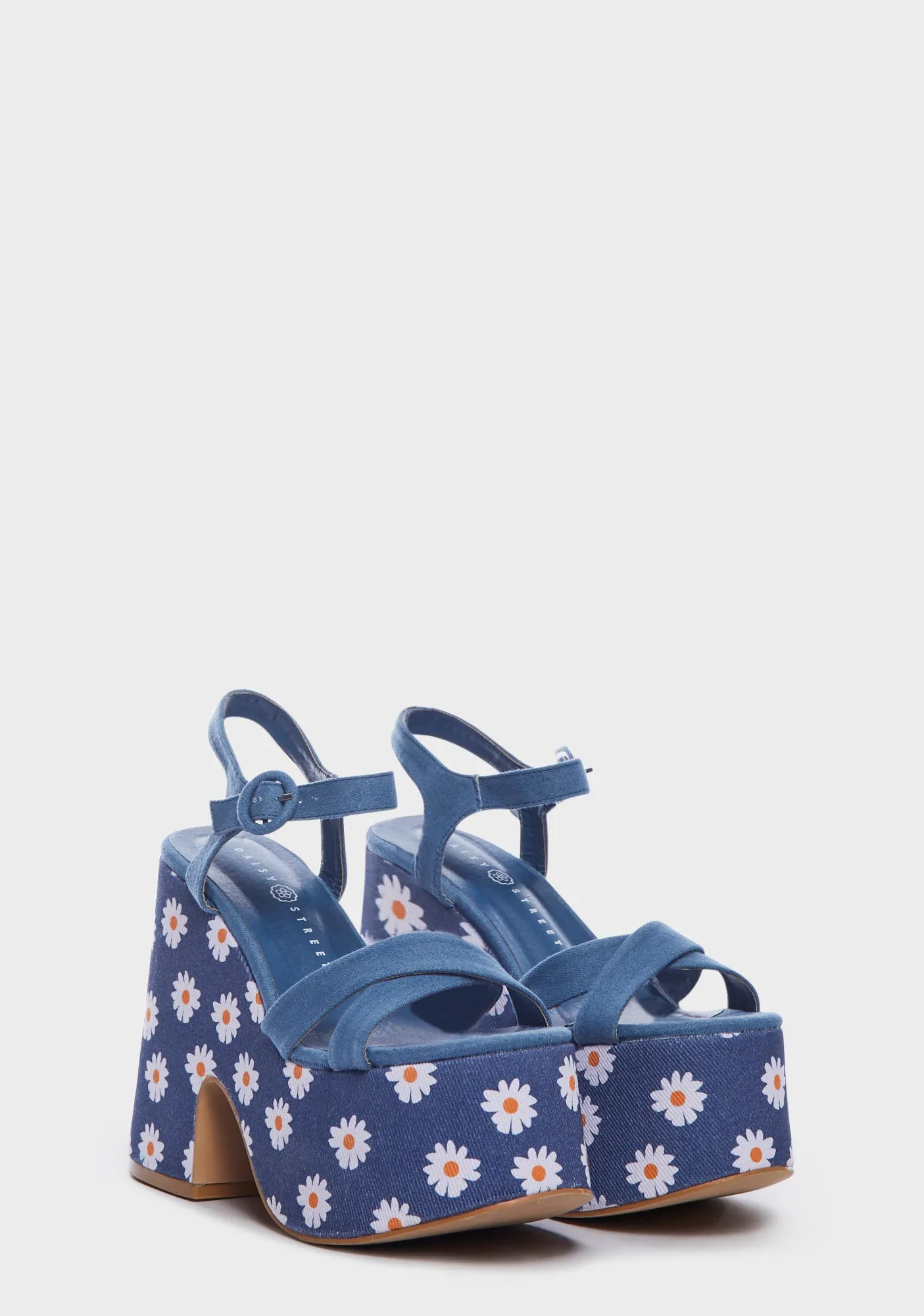 Denim Platform Mules with Daisy Design