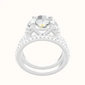 Diamond Band with Round Sidestone Trio Engagement Ring With Low Set Four Prong Head and Matching Band