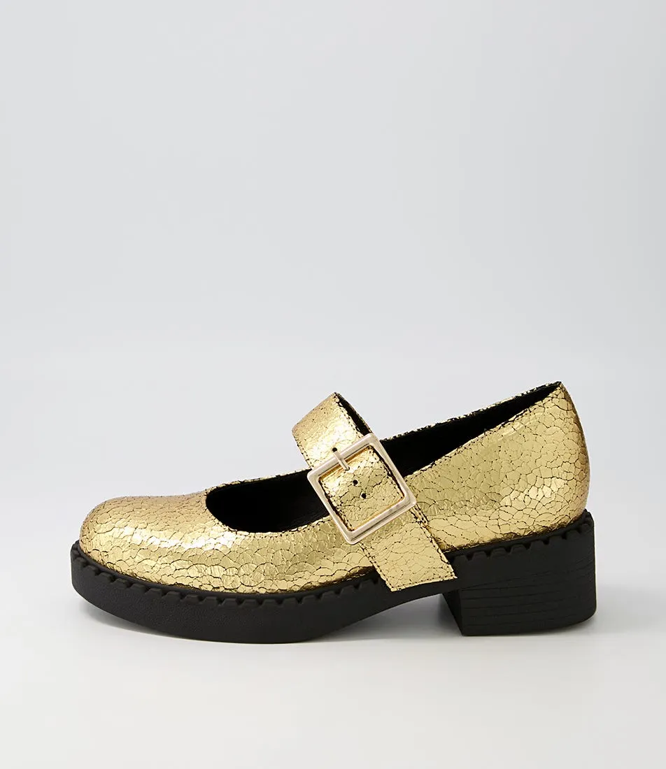 DJANGO & JULIETTE Xandro Gold Vintage Crackle Leather Heels