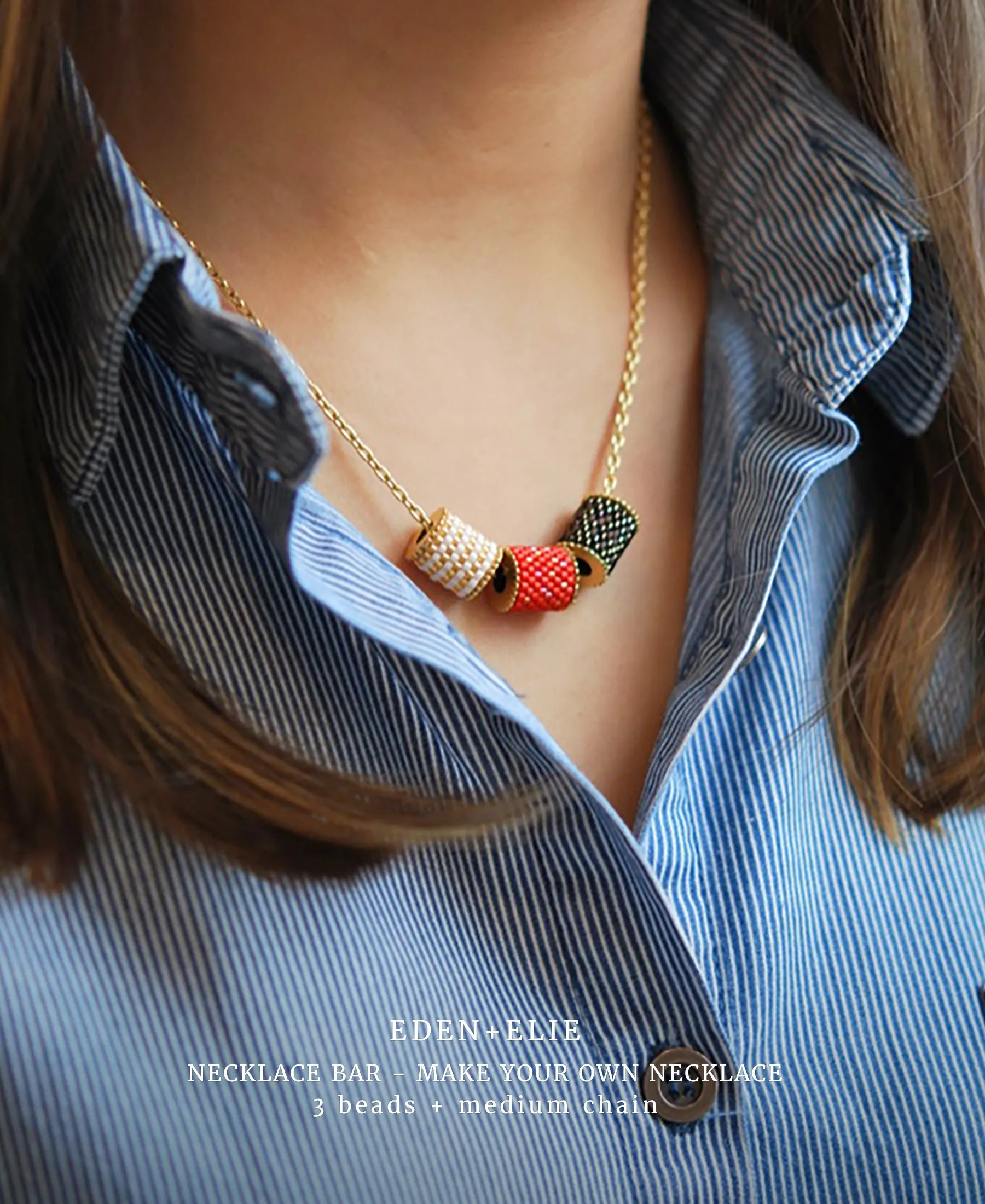 EDEN + ELIE Necklace Bar 3 bead starter set - turquoise + coral + white gold striped