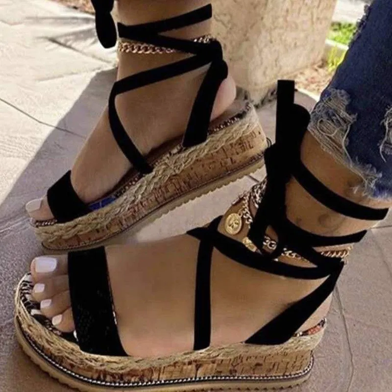 Casual Comfortable Round Bandage Patchwork Wedges Shoes