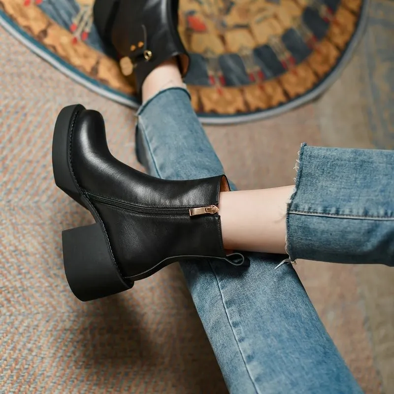 Fashion Thick Bottom Ankle Boots / Soft Genuine Leather Platform Boots for Women