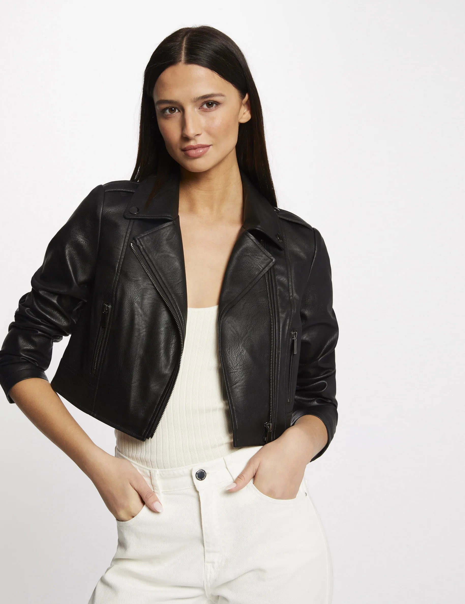 Faux leather straight zipped jacket black women