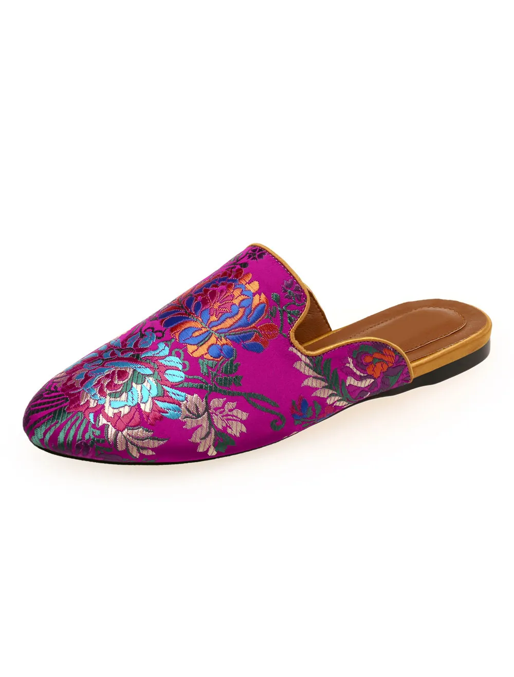 Floral Embroidered Round Toe Satin Women's Mules