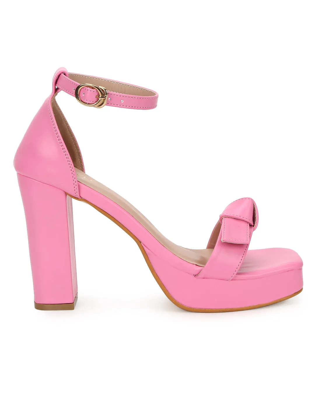 Fuschia Pink PU Bow Detail High Block Heels (TC-SLC-N1107-PNK)