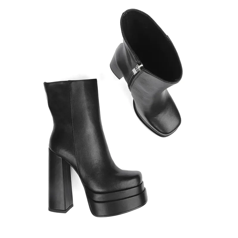 Genuine Leather Women's Boots Cool Zipper Platforms Elegant Female Heels