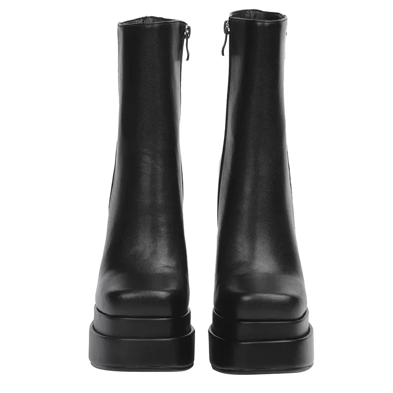 Genuine Leather Women's Boots Cool Zipper Platforms Elegant Female Heels