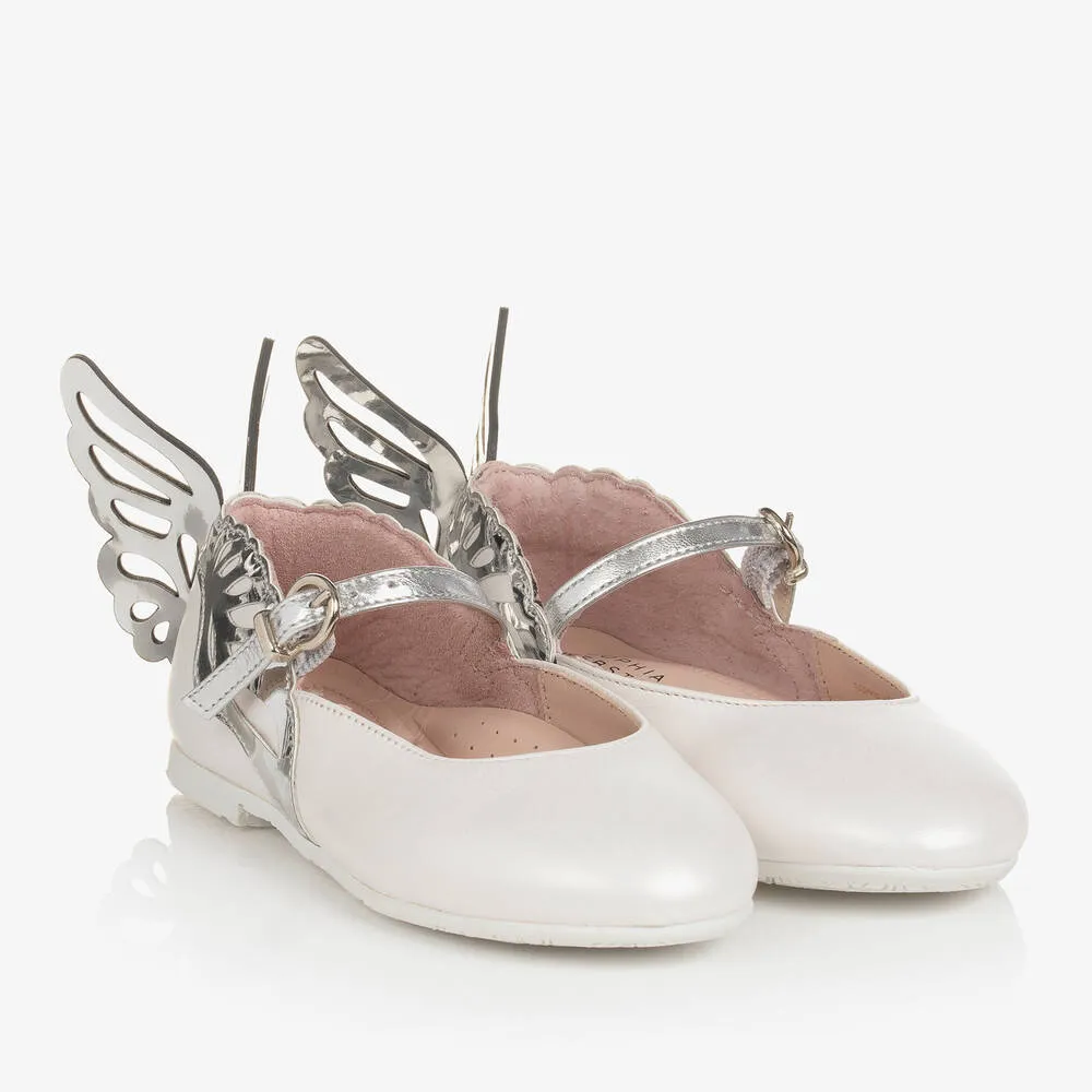 Girls Ivory Leather Butterfly Pumps